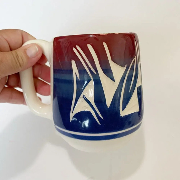 Wing Ute USA Tribal Hand Painted Carved Pottery Coffee Mugs Yazzie Silas Signed - Picture 8 of 12